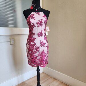 Size 1/2 hot and light pink w/ black lace applique high neck fitted cocktail dre